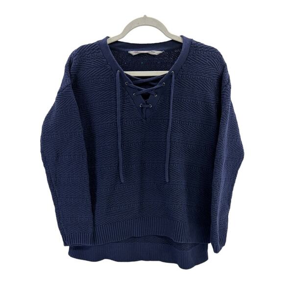 Oversized Navy Blue Lace-Up Knit Sweater Size XXS |Textured Long Sleeve Pullover - Picture 1 of 10